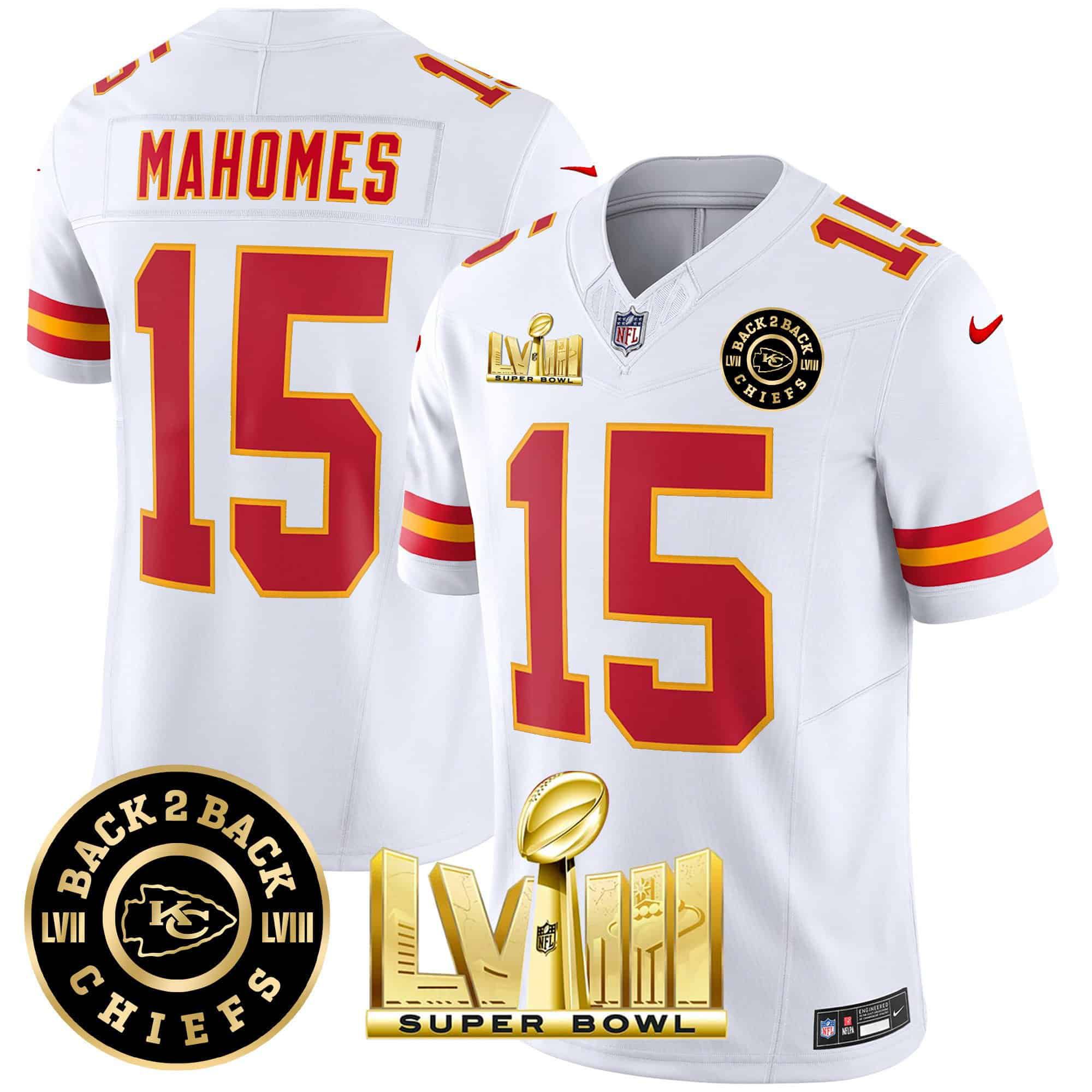Men Kansas City Chiefs #15 Mahomes White 2024 Nike Super Bowl LVIII & Back-2-Back Patch Vapor NFL Jersey